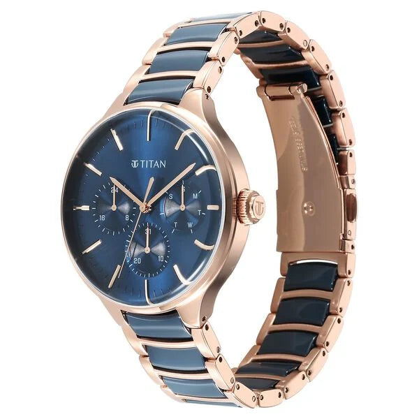 Titan 90148KD04 | Titan Ceramic Fusion Quartz Multifunction Blue Dial With Two Toned Color Stainless Steel Strap Watch For Men