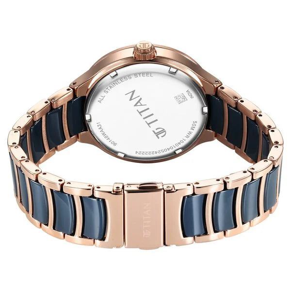 Titan 90148KD04 | Titan Ceramic Fusion Quartz Multifunction Blue Dial With Two Toned Color Stainless Steel Strap Watch For Men