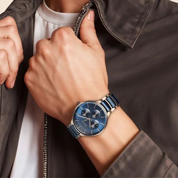 Titan 90148KD04 | Titan Ceramic Fusion Quartz Multifunction Blue Dial With Two Toned Color Stainless Steel Strap Watch For Men