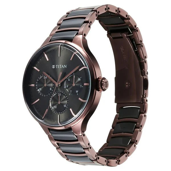 Titan 90148KD05 | Titan Ceramic Fusion Multifunction Black Dial With Two Toned Color Stainless Steel Strap Watch For Men
