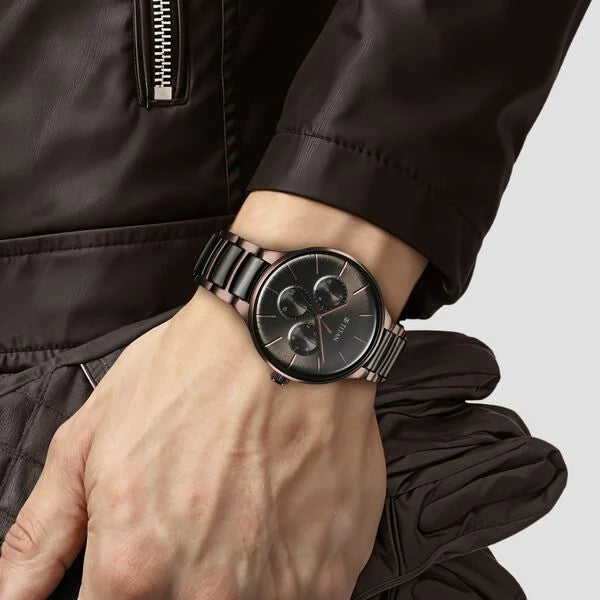 Titan 90148KD05 | Titan Ceramic Fusion Multifunction Black Dial With Two Toned Color Stainless Steel Strap Watch For Men