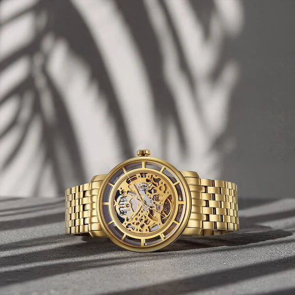 Titan 90158YM01 | Titan Mechanical Slimline Golden Dial Golden Stainless Steel Strap watch for Men