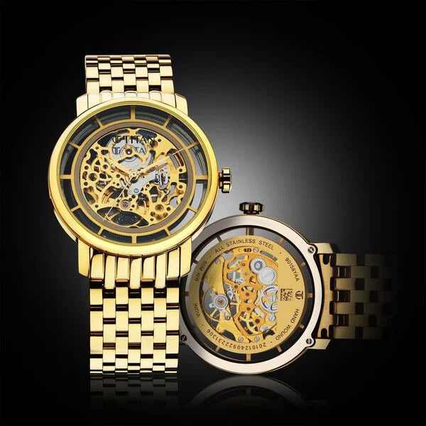 Titan 90158YM01 | Titan Mechanical Slimline Golden Dial Golden Stainless Steel Strap watch for Men