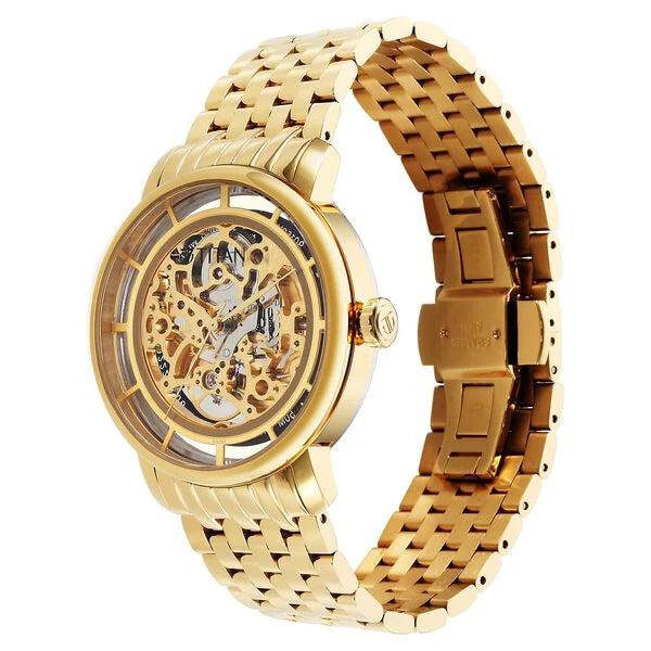 Titan 90158YM01 | Titan Mechanical Slimline Golden Dial Golden Stainless Steel Strap watch for Men