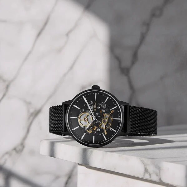 Titan 90159NM01 | Titan Mechanical Slimline Black Dial Black Mesh Strap Watch for Men