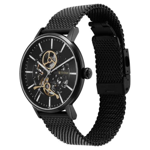 Titan 90159NM01 | Titan Mechanical Slimline Black Dial Black Mesh Strap Watch for Men