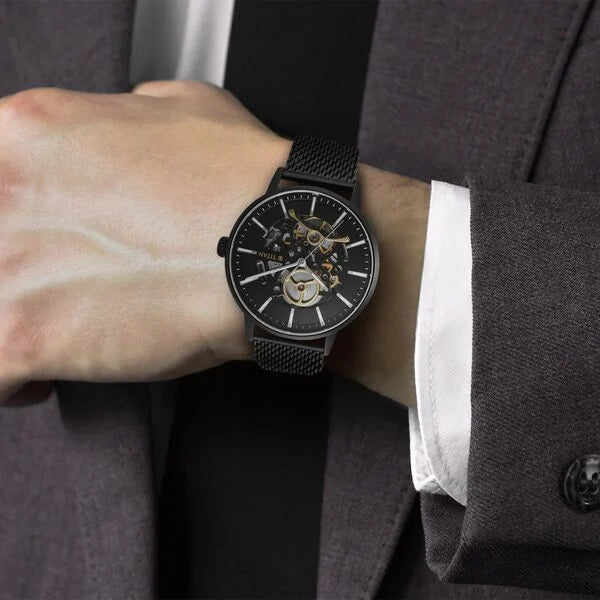 Titan 90159NM01 | Titan Mechanical Slimline Black Dial Black Mesh Strap Watch for Men