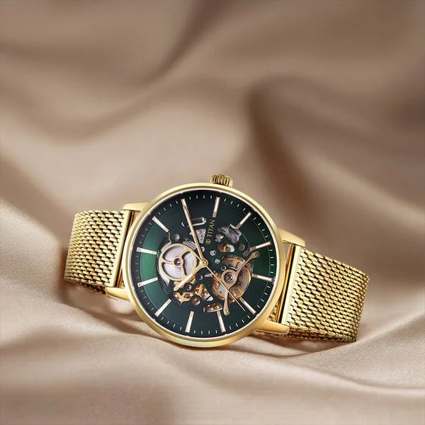 Titan 90159YM01 | Titan Mechanical Slimline Green Dial Golden Mesh Strap watch for Men