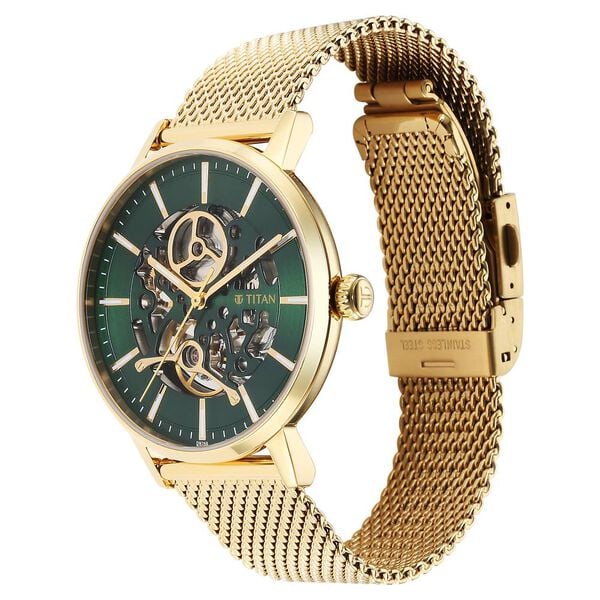 Titan 90159YM01 | Titan Mechanical Slimline Green Dial Golden Mesh Strap watch for Men