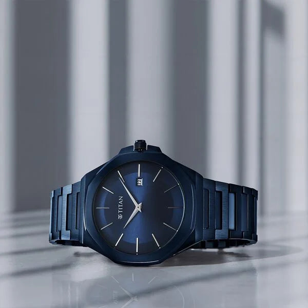 Titan 90167Q01 | Titan Classic Slim Quartz Analog with Date Blue Dial Stainless Steel Strap Watch for Men