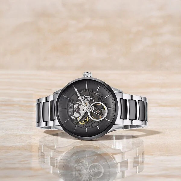 Titan 90174KD01 | Titan Ceramic Fusion Automatic Black Dial Silver Dual-Toned Stainless Steel Bracelet Watch for Men