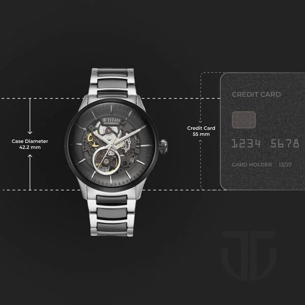 Titan 90174KD01 | Titan Ceramic Fusion Automatic Black Dial Silver Dual-Toned Stainless Steel Bracelet Watch for Men