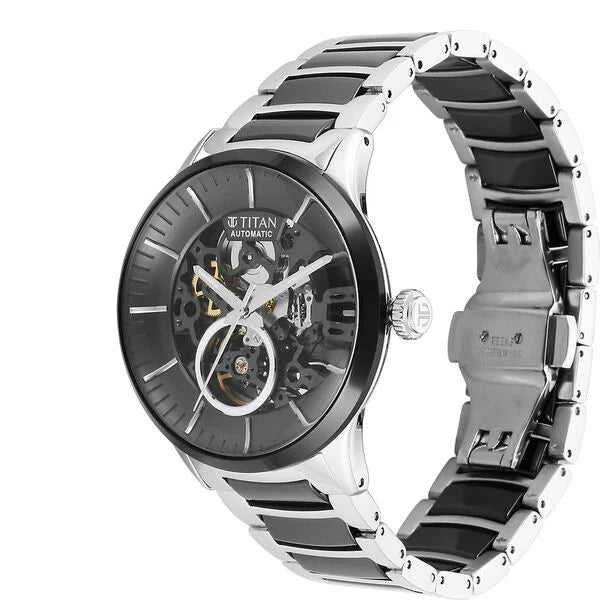 Titan 90174KD01 | Titan Ceramic Fusion Automatic Black Dial Silver Dual-Toned Stainless Steel Bracelet Watch for Men