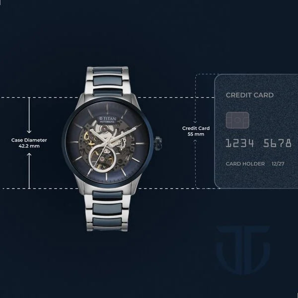 Titan 90174KD02 | Titan Ceramic Fusion Automatic Blue Dial Silver Dual-Toned Stainless Steel Bracelet Watch for Men