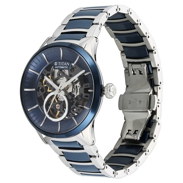 Titan 90174KD02 | Titan Ceramic Fusion Automatic Blue Dial Silver Dual-Toned Stainless Steel Bracelet Watch for Men