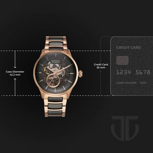 Titan 90174KD03 | Titan Ceramic Fusion Automatic Black Dial Rose Gold Dual-Toned Stainless Steel Bracelet Watch for Men