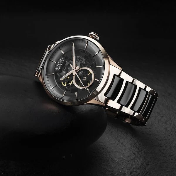Titan 90174KD03 | Titan Ceramic Fusion Automatic Black Dial Rose Gold Dual-Toned Stainless Steel Bracelet Watch for Men