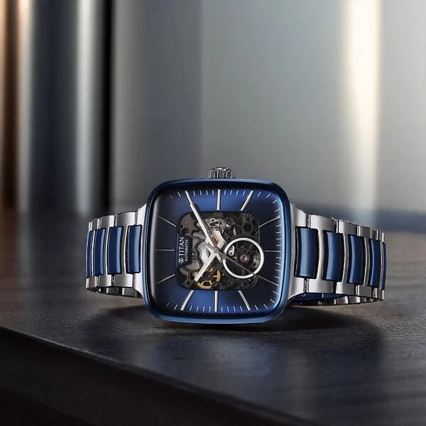 Titan 90175KD02 | Titan Ceramic Fusion Automatic Square Blue Dial Rose Gold Dual-Toned Stainless Steel Bracelet Watch for Men