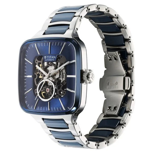 Titan 90175KD02 | Titan Ceramic Fusion Automatic Square Blue Dial Rose Gold Dual-Toned Stainless Steel Bracelet Watch for Men