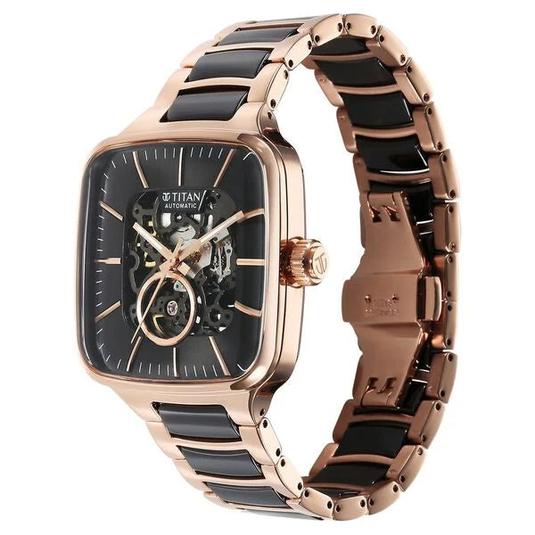 Titan 90175KD03 | Titan Ceramic Fusion Automatic Square Black Dial Silver Dual-Toned Stainless Steel Bracelet Watch for Men