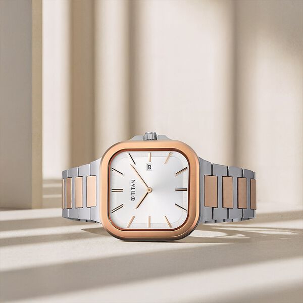Titan 90176KM01 | Titan Classique Slim Square Quartz Analog with Date Silver Dial Stainless Steel Strap Watch for Men