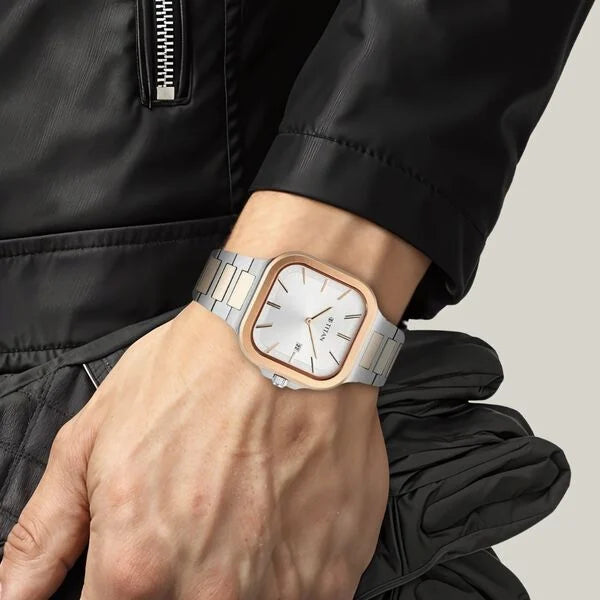 Titan 90176KM01 | Titan Classique Slim Square Quartz Analog with Date Silver Dial Stainless Steel Strap Watch for Men