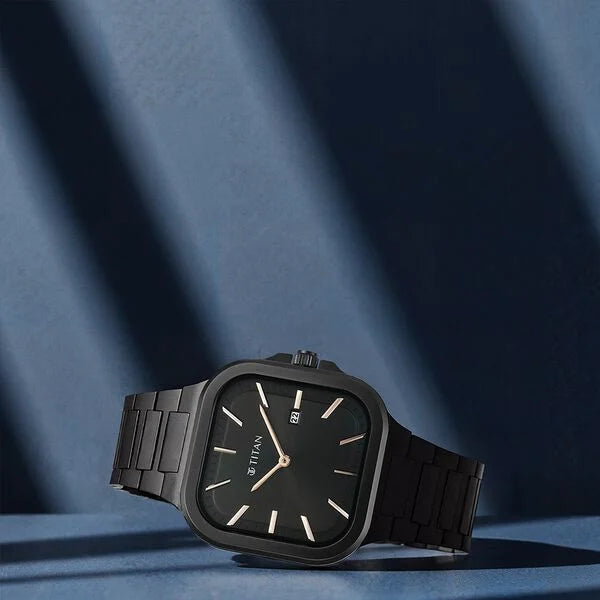 Titan 90176NM01 | Titan Classique Slim Square Quartz Analog with Date Black Dial Stainless Steel Strap Watch for Men