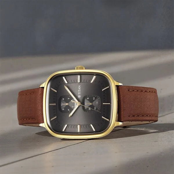 Titan 90178YL01 | Titan Avant Garde Anthracite Dial Quartz Multifunction Leather Strap watch for Men