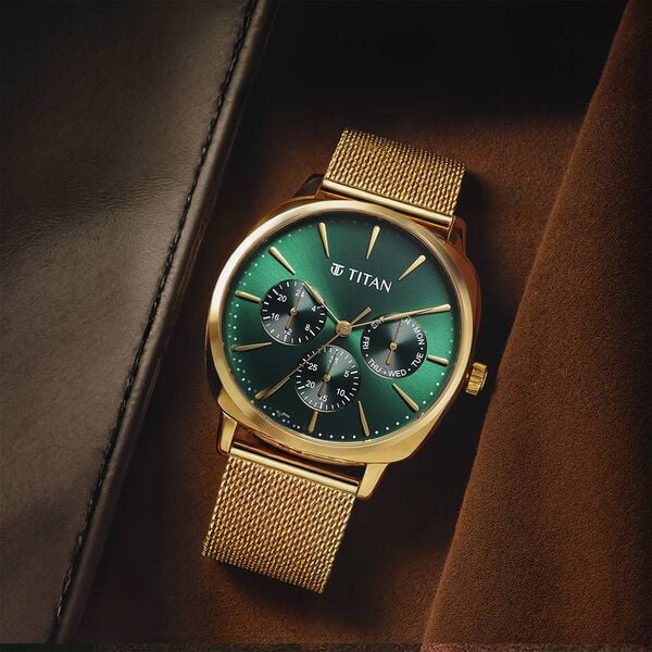 Titan 90189YM01 | Titan Classique Suave Quartz Green Dial Golden Stainless Steel Mesh Strap Watch for Men