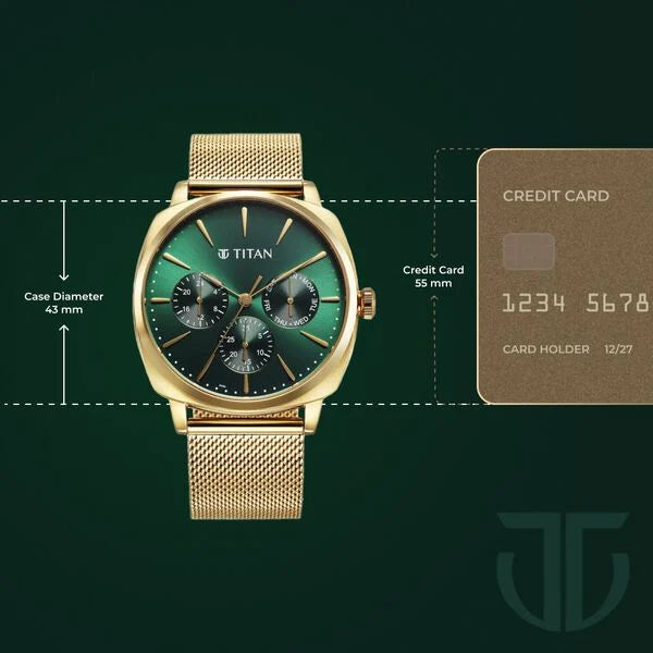 Titan 90189YM01 | Titan Classique Suave Quartz Green Dial Golden Stainless Steel Mesh Strap Watch for Men