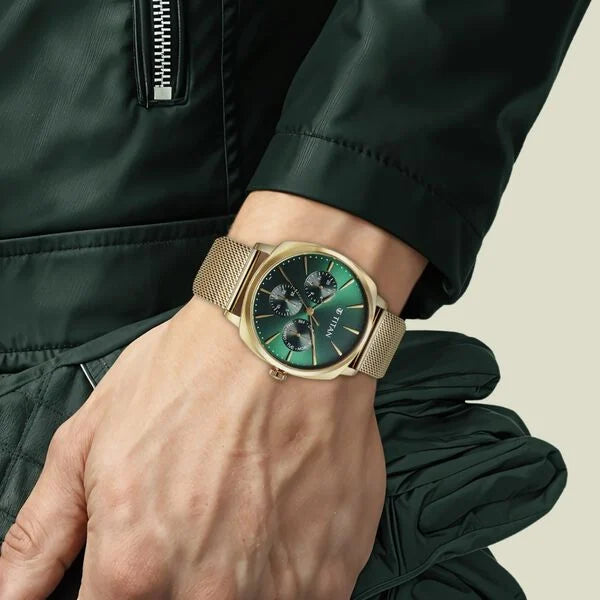 Titan 90189YM01 | Titan Classique Suave Quartz Green Dial Golden Stainless Steel Mesh Strap Watch for Men