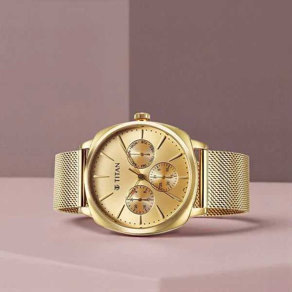 Titan 90189YM02 | Titan Classique Suave Quartz Yellow Dial Golden Stainless Steel Mesh Strap Watch for Men