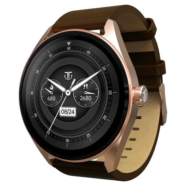 Titan Crest with 3.63 cm AMOLED Display with AOD, Functional Crown Smartwatch with Brown Leather Strap