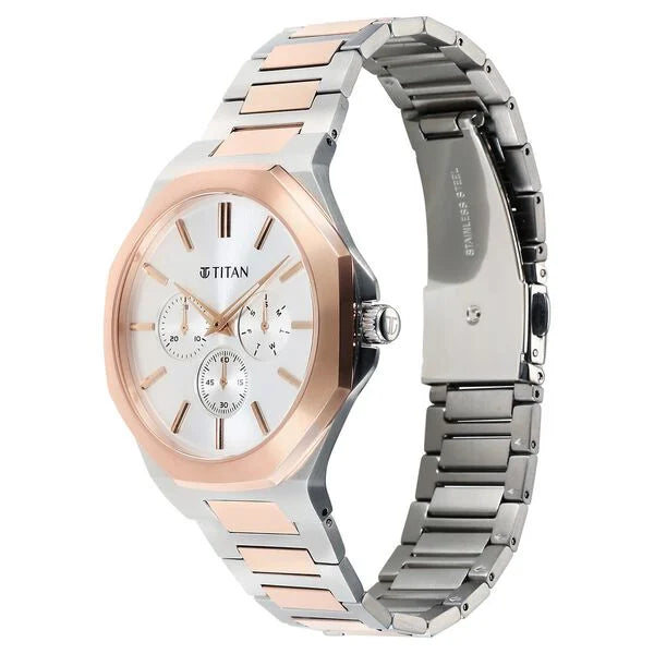 Titan 90198KM01 | Titan Classic Slim Multifunction Multifunction Silver Dial Multicoloured Stainless Steel Strap Watch For Men