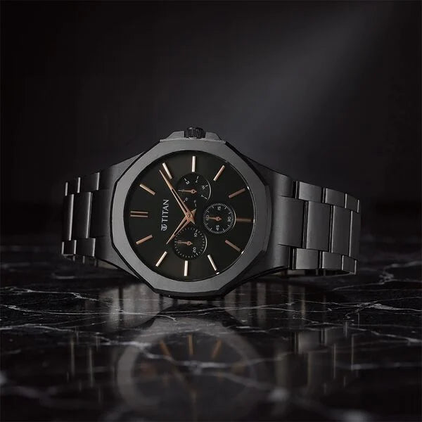 Titan 90198NM01 | Titan Classic Slim Multifunction Quartz Multifunction Black Dial Stainless Steel Strap Watch For Men