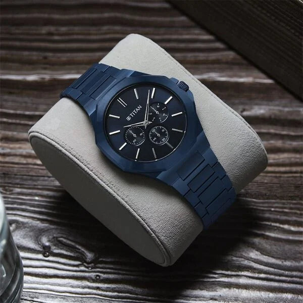 Titan 90198QM01 | Titan Classic Slim Multifunction Quartz Multifunction Blue Dial Stainless Steel Strap Watch For Men