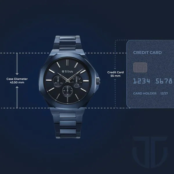 Titan 90198QM01 | Titan Classic Slim Multifunction Quartz Multifunction Blue Dial Stainless Steel Strap Watch For Men