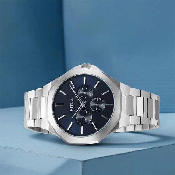 Titan 90198SM01 | Titan Classic Slim Multifunction Quartz Multifunction Blue Dial Stainless Steel Strap Watch For Men