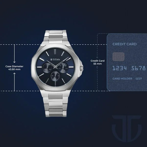 Titan 90198SM01 | Titan Classic Slim Multifunction Quartz Multifunction Blue Dial Stainless Steel Strap Watch For Men