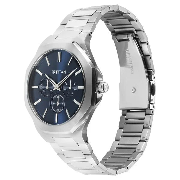 Titan 90198SM01 | Titan Classic Slim Multifunction Quartz Multifunction Blue Dial Stainless Steel Strap Watch For Men