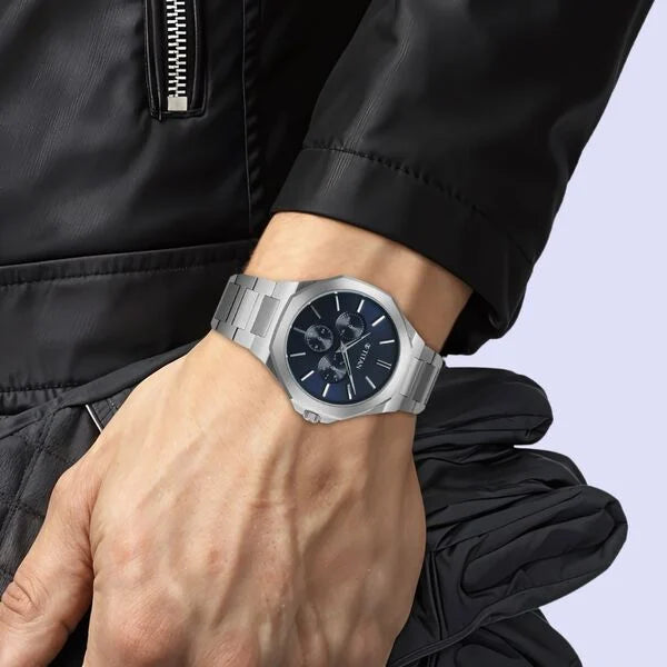 Titan 90198SM01 | Titan Classic Slim Multifunction Quartz Multifunction Blue Dial Stainless Steel Strap Watch For Men