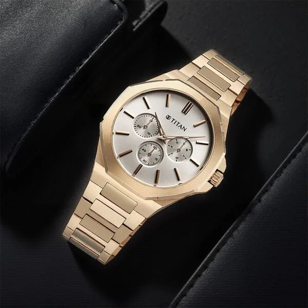 Titan 90198WM01 | Titan Classic Slim Multifunction Multifunction Silver Dial Carnation Gold Stainless Steel Strap Watch For Men