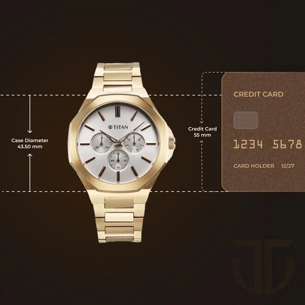 Titan 90198WM01 | Titan Classic Slim Multifunction Multifunction Silver Dial Carnation Gold Stainless Steel Strap Watch For Men