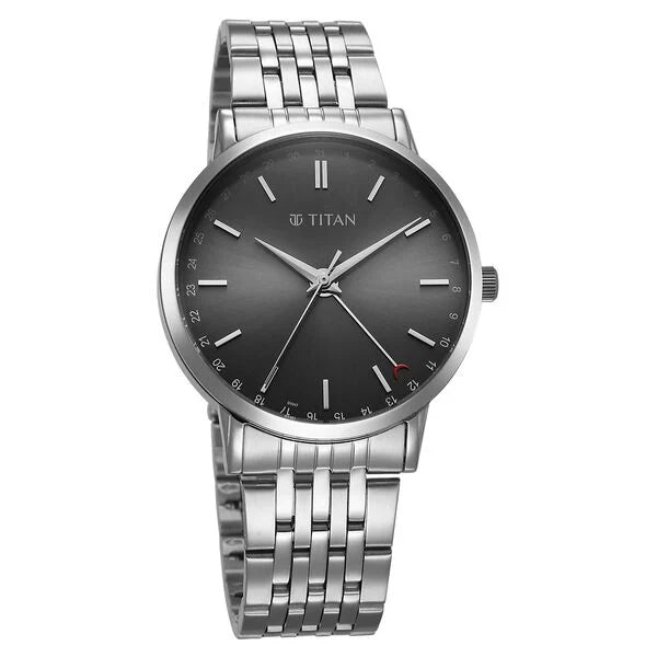 Titan 90202SM01 | Titan Elegance Analog with Date by Hand and Dark Grey Dial Stainless Steel Strap Watch for Men