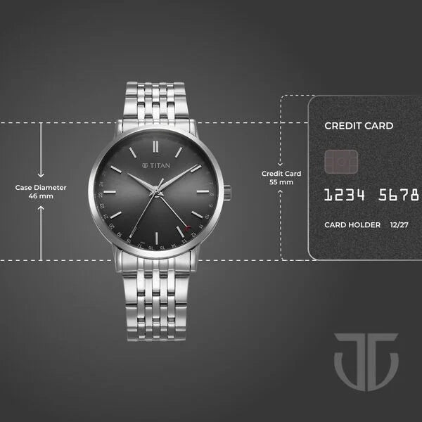 Titan 90202SM01 | Titan Elegance Analog with Date by Hand and Dark Grey Dial Stainless Steel Strap Watch for Men