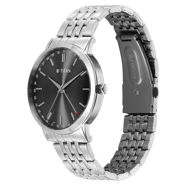 Titan 90202SM01 | Titan Elegance Analog with Date by Hand and Dark Grey Dial Stainless Steel Strap Watch for Men