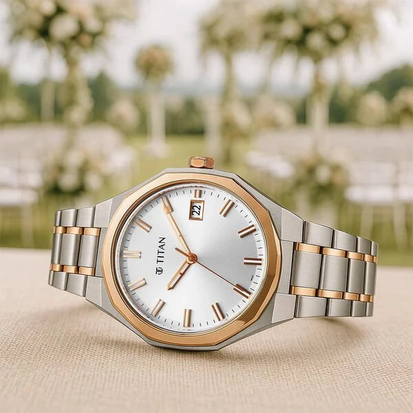 Titan 90212KM01 | Titan Regalia Dodecagon Quartz Analog with Date Silver Dial Two Toned Stainless Steel Strap Watch For Men