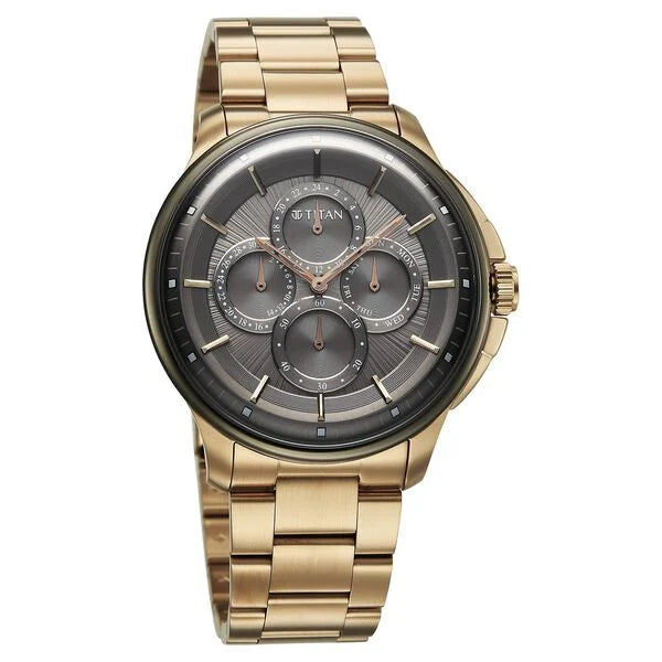 Titan 90217KM02 | Titan Classique Four Eye Multifunction Analog with Anthracite Dial Carnation Gold Stainless Steel Strap Watch for Men