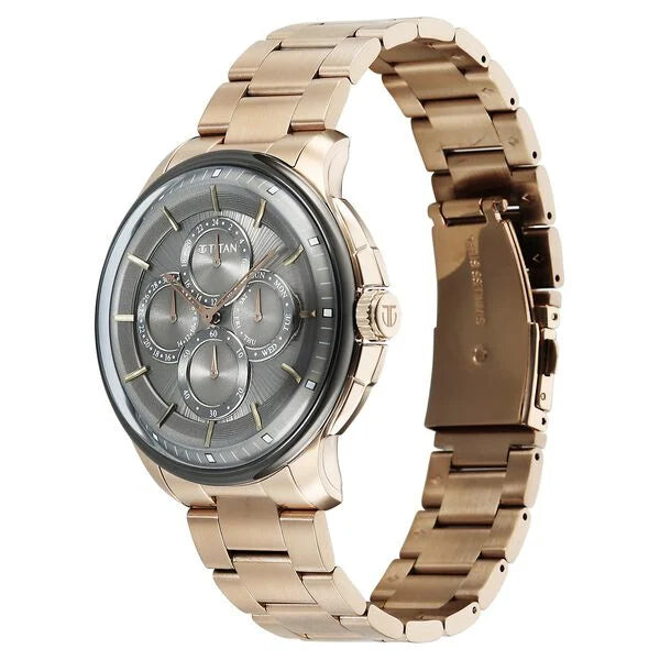 Titan 90217KM02 | Titan Classique Four Eye Multifunction Analog with Anthracite Dial Carnation Gold Stainless Steel Strap Watch for Men