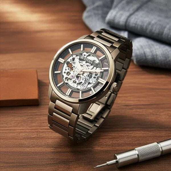 Titan 90220QM01 | Titan See-Through Skeletal Automatic Analog with Black Dial Copper Brown Stainless Steel Strap Watch for Men